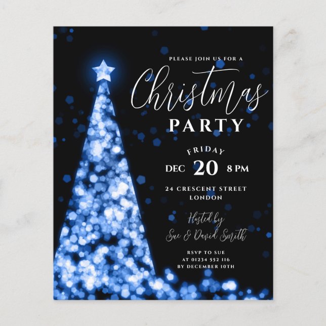 Budget Christmas Tree Blue Modern Party Invite Flyer (Front)