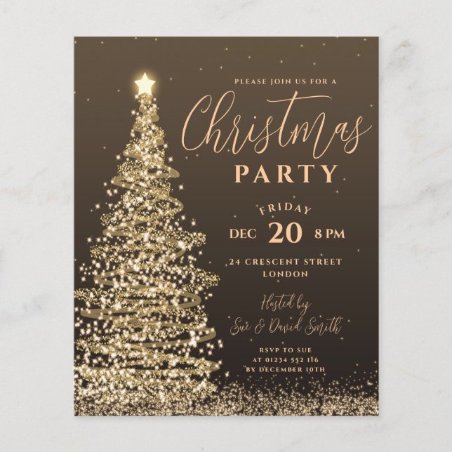 Budget Christmas Tree Party Gold Holiday Invite Flyer (Front)