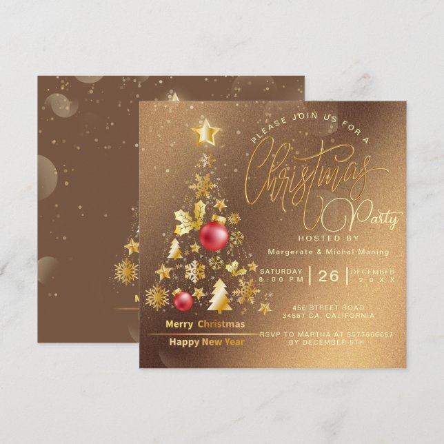 Budget Christmas Tree Party Gold Invitation (Front/Back)