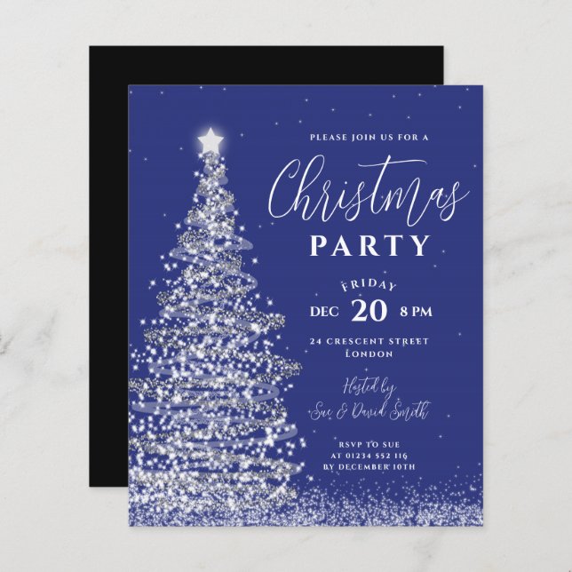 Budget Christmas Tree Silver Navy Holiday Invite  (Front/Back)