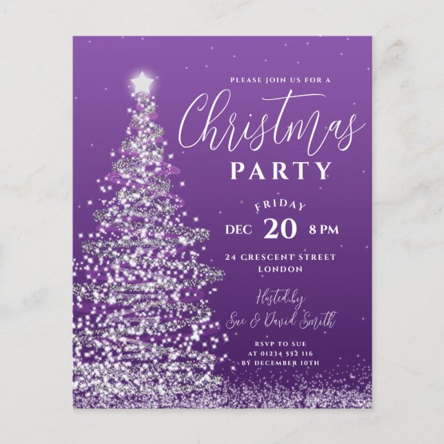 Budget Christmas Tree Silver Purple Holiday Invite Flyer (Front)