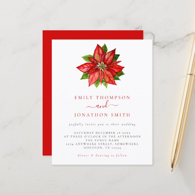 Budget Christmas Wedding Red Poinsettia Invitation (Front/Back In Situ)