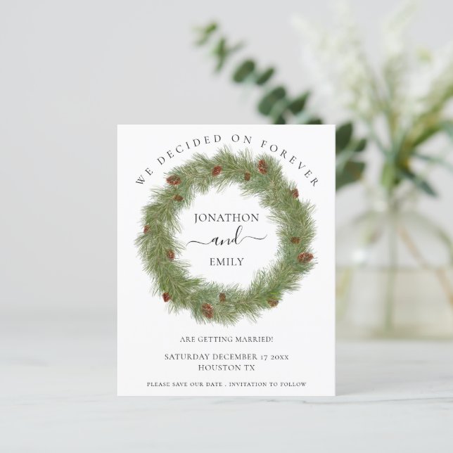 Budget Christmas Wreath Cone Wedding Save the Date (Standing Front)