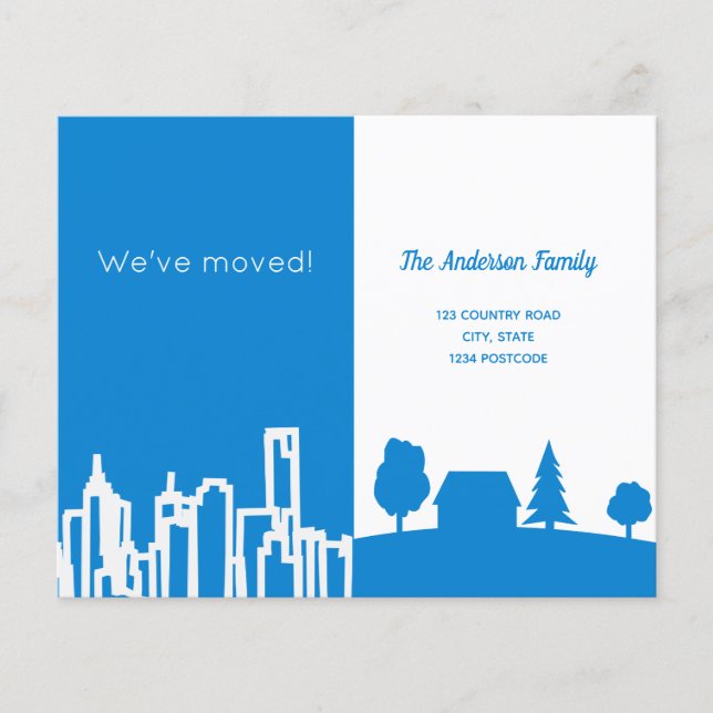 Budget city country blue moving announcement (Front)