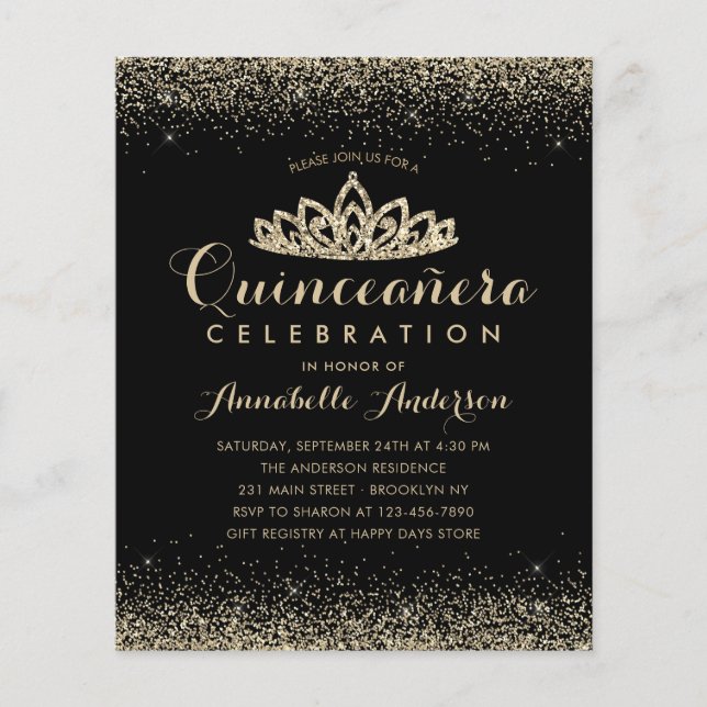 Budget Classic Black Gold Quinceañera Tiara Invite (Front)