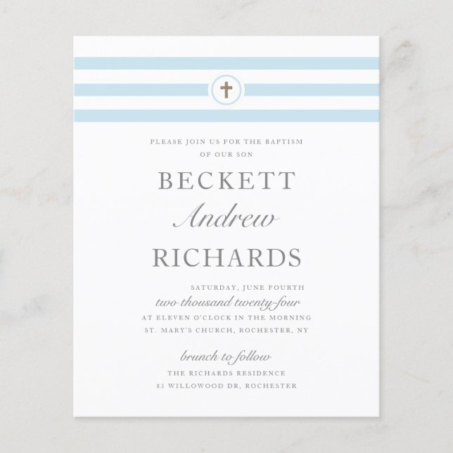 Budget Classic Blue Boys Baptism Invitation (Front)