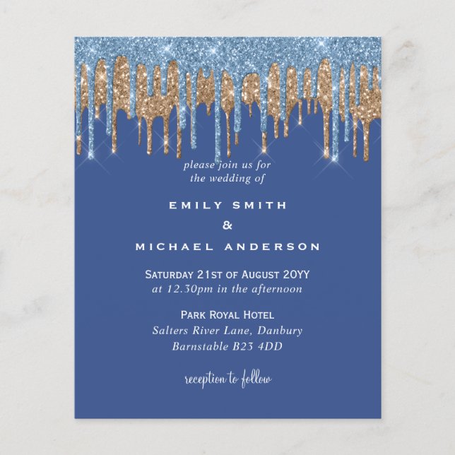 Budget Classic Blue Gold Dripping Glitter Wedding (Front)