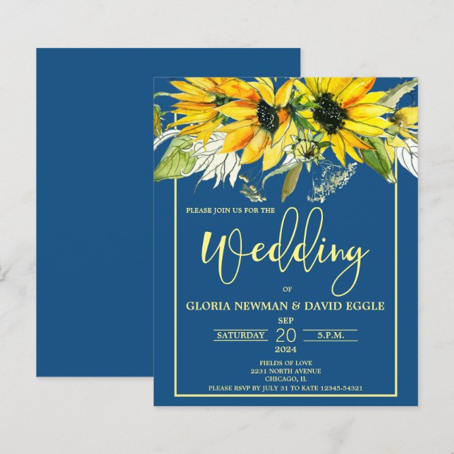 Budget Classic Blue Sunflower Wedding Invitation (Front/Back)