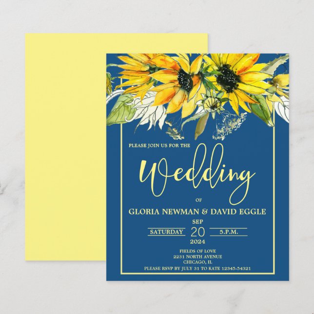 Budget Classic Blue Sunflower Wedding Invitation (Front/Back)