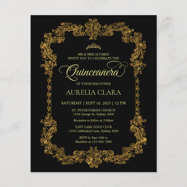 Budget Classic Elegant Black Gold Quinceanera (Front)