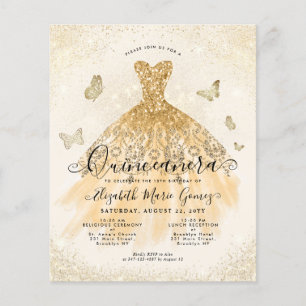 Budget Classic Light Gold Gown Quinceanera Invite