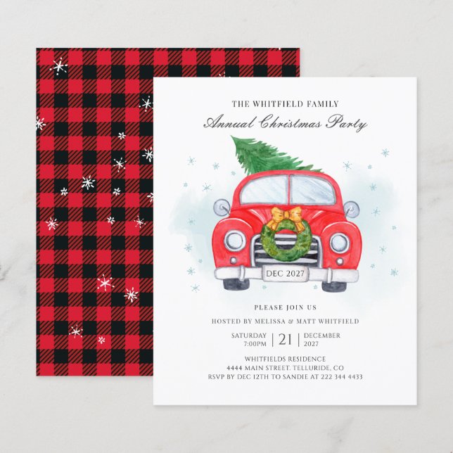 Budget Classic Red Car Family Christmas Invitation (Front/Back)