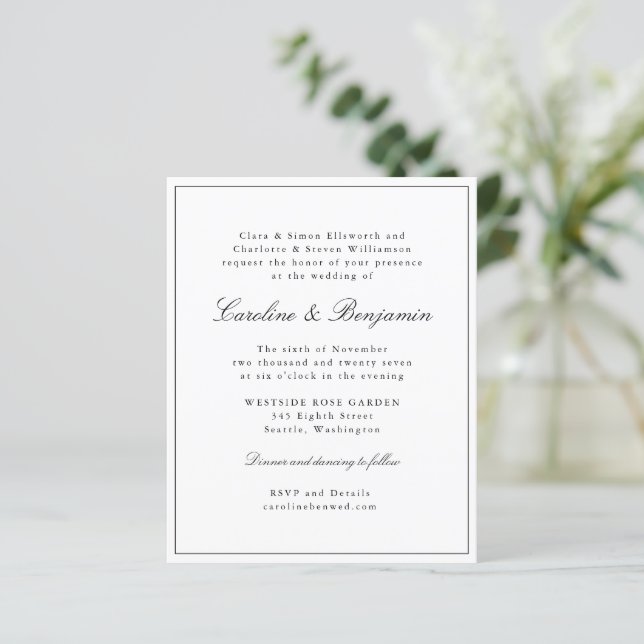 Budget Classic Script Elegant Wedding Invitation (Standing Front)
