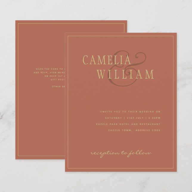 BUDGET Classic Terracotta Gold Wedding Invite (Front/Back)