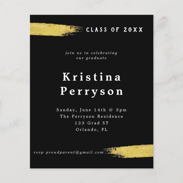 Budget Classy Black and Gold Graduation Invitation (Front)