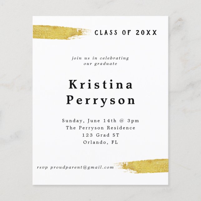Budget Classy White and Gold Graduation Invitation (Front)