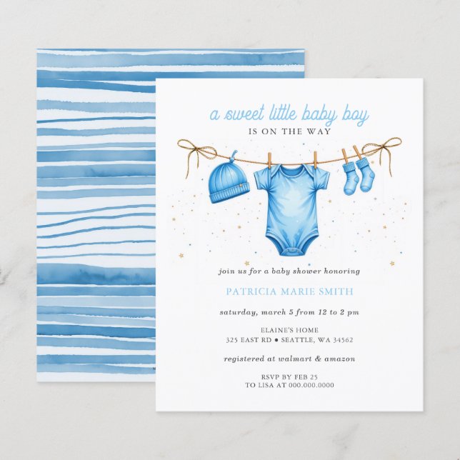 Budget Clothesline Blue Boy Baby Shower invitation (Front/Back)