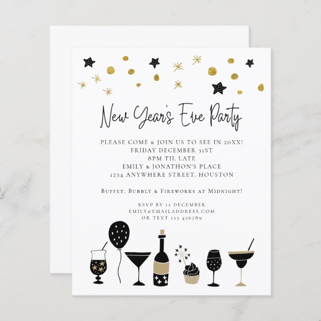 Budget Cocktails Gold Black New Years Eve Invite (Front/Back)