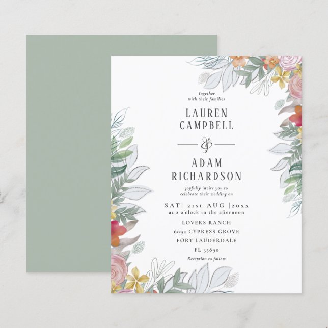 Budget Colourful Floral Foliage Wedding Invitation (Front/Back)