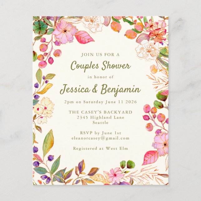 Budget Colourful Watercolor Floral Couples Shower (Front)