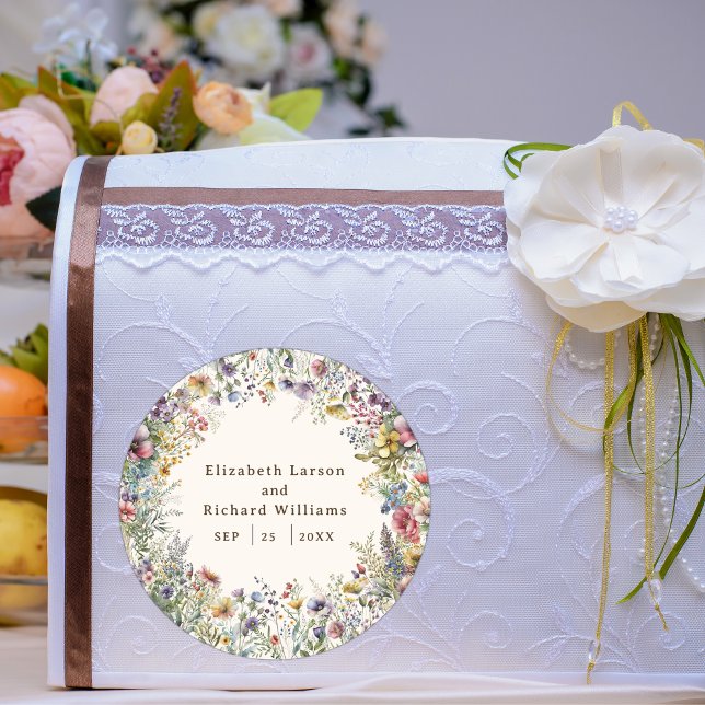 Budget Colourful Wildflower Floral Watercolor Classic Round Sticker (Budget Colorful Wildflower Floral Watercolor Wedding)