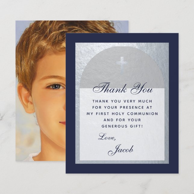 Budget Communion Navy Blue Silver Thank You Card (Front/Back)