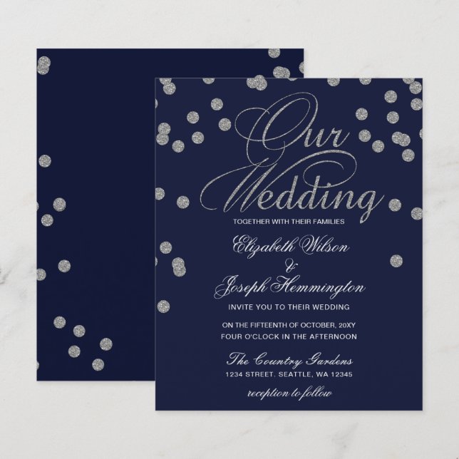 Budget Confetti Navy Silver Wedding Invitation (Front/Back)