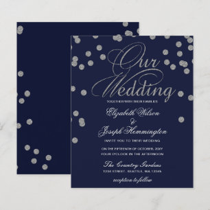 Budget Confetti Navy Silver Wedding Invitation