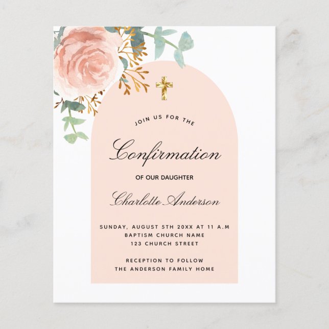 Budget confirmation rose floral arch invitation (Front)