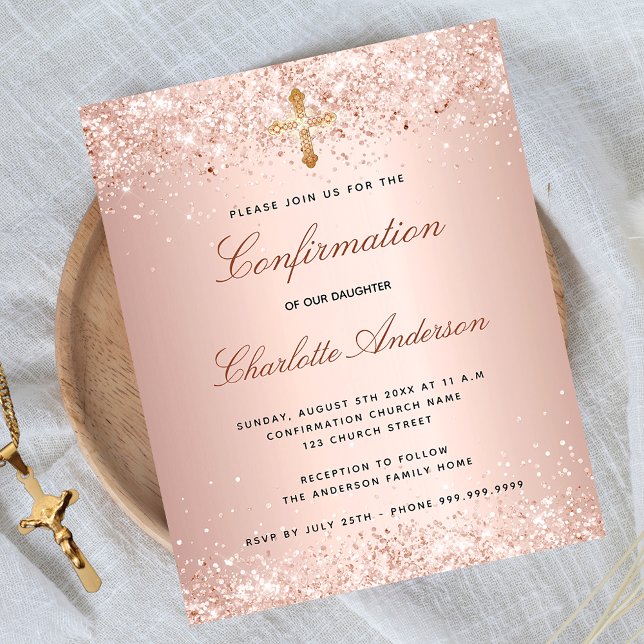 Budget confirmation rose gold glitter invitation (Creator Uploaded)
