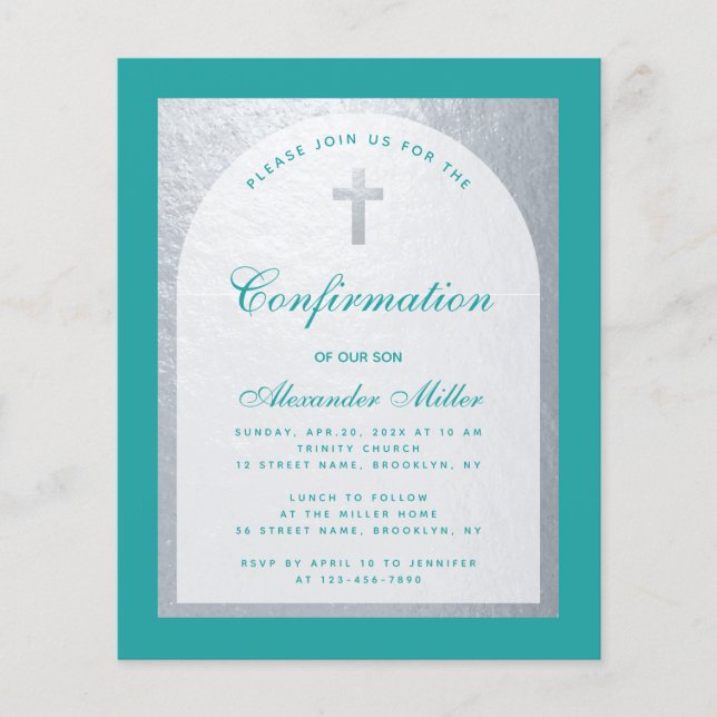 Budget Confirmation Silver Teal Boy Invitation  (Front)