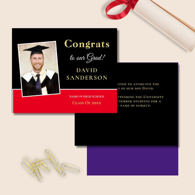 Budget Congrats Grad Photo Black Red Announcement (front and back view)