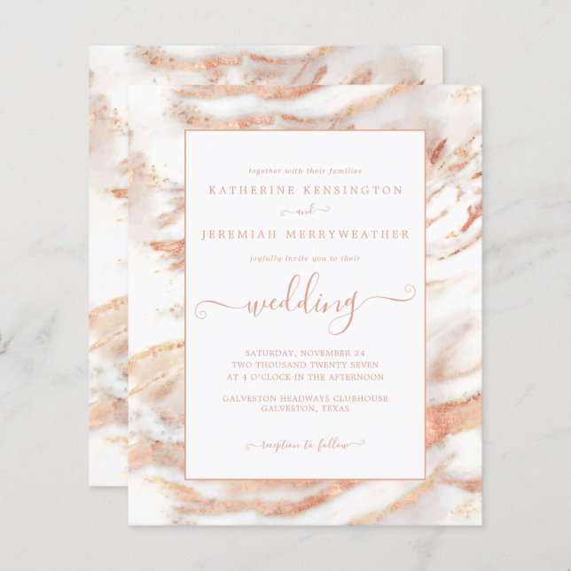 Budget Copper Rose Gold Marble Wedding Invitation (Front/Back)