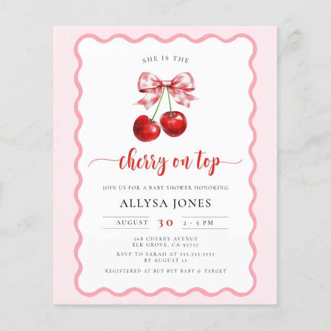 Budget Coquette Cherry On Top Baby Shower Invite (Front)