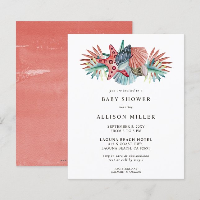 Budget Coral Beach Baby Shower Invitation (Front/Back)