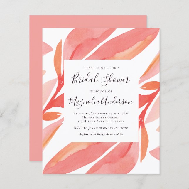 Budget Coral Botanical Bridal Shower Invitation (Front/Back)