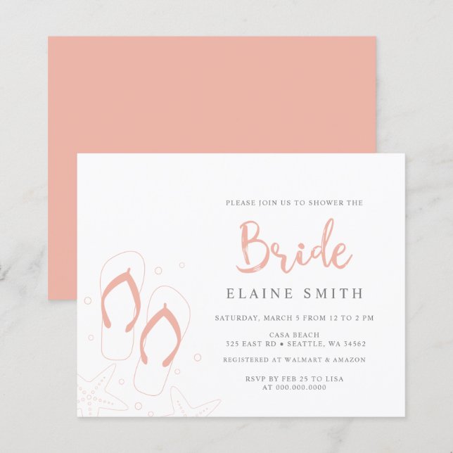Budget Coral Flip Flops Beach Bridal Shower Invite (Front/Back)