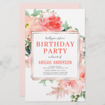 Budget Coral Floral Birthday Party Invitation