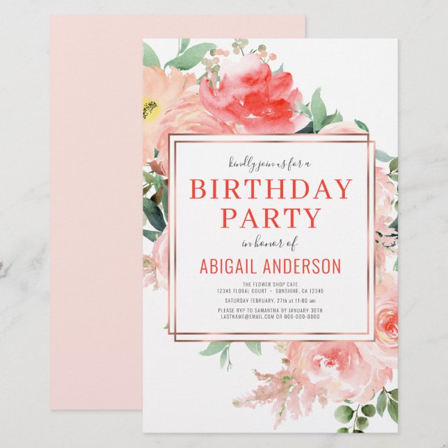 Budget Coral Floral Birthday Party Invitation (Front/Back)