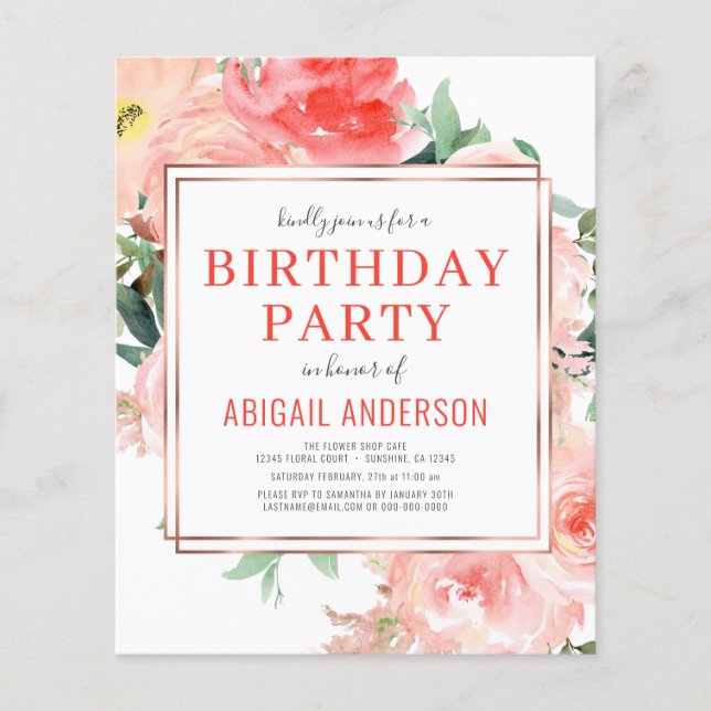 Budget Coral Floral Birthday Party Invitation Flyer (Front)