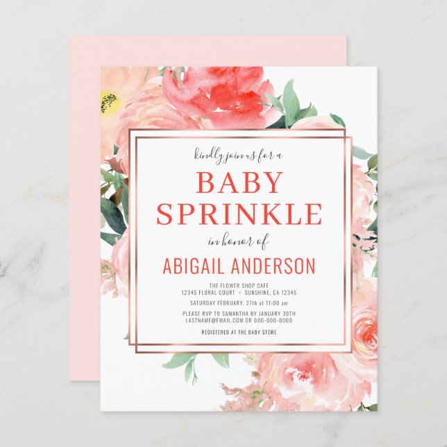 Budget Coral Floral Peach Baby Sprinkle Invitation (Front/Back)