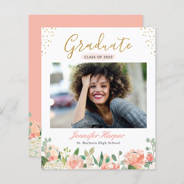 Budget Coral Floral Photo Graduation Announcement (Front/Back)