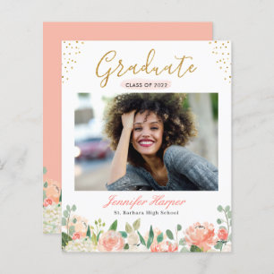 Budget Coral Floral Photo Graduation Announcement