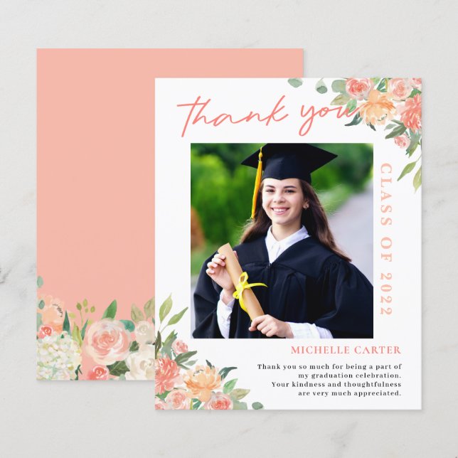 Budget Coral Floral Photo Graduation Thank You (Front/Back)