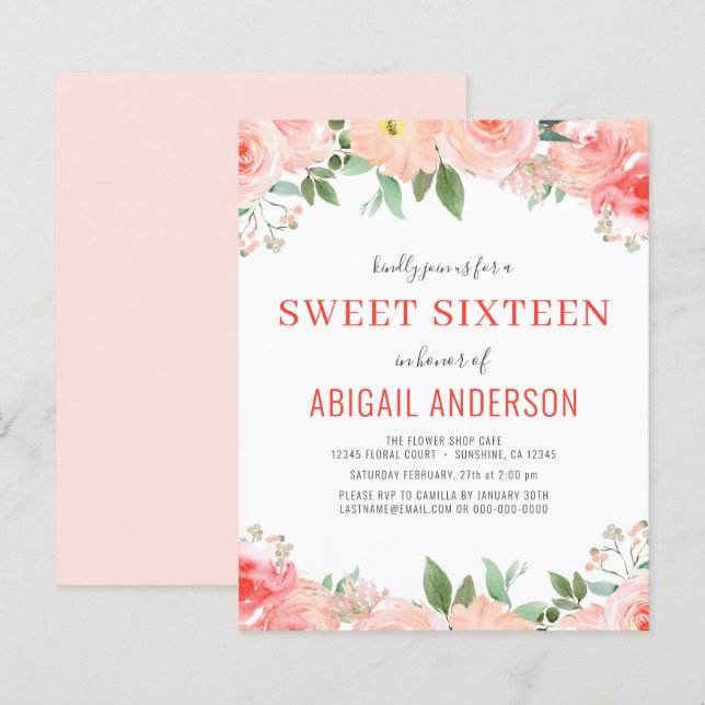 Budget Coral Floral Sweet 16 Birthday Invitation (Front/Back)