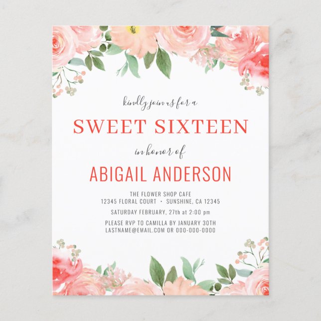 Budget Coral Floral Sweet 16 Birthday Invitation Flyer (Front)