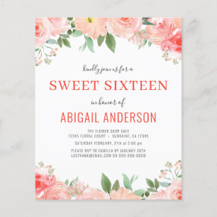 Budget Coral Floral Sweet 16 Birthday Invitation Flyer