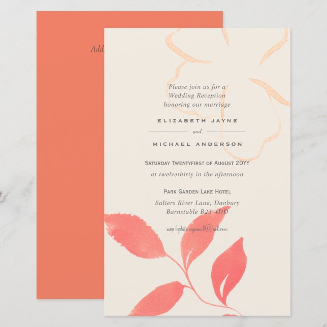 BUDGET Coral Leaf Wedding Invite A9 (Front/Back)