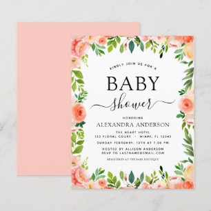 Budget Coral Peach Baby Shower Floral Invitation