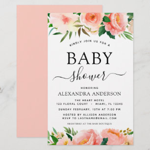 Budget Coral Peach Baby Shower Floral Invitation